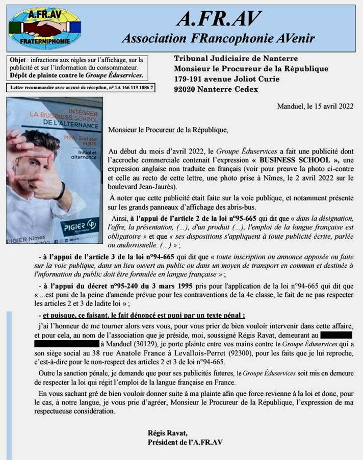 Plainte de l'Afrav auprs du procureur de la Rpublique-du TJ de Nanterre contre l'anglomanie de la socit Eduservices, le 15 avril 2022