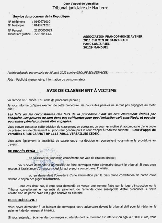 Plainte de l'Afrav classe sans suite par le procureur de la Rpublique du TJ de Nanterre affaire contre la socit Eduservices le 29 juillet 2022