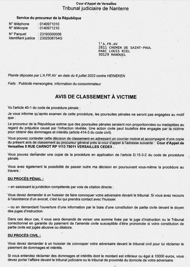 Plainte de l'Afrav classe sans suite par le procureur de la Rpublique du TJ de Nanterre, affaire contre le groupe Heineken, le 13 octobre 2023
