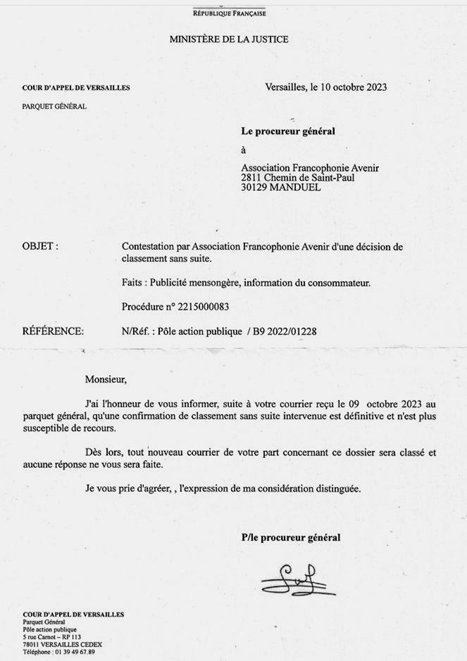 Rponse du procureur gnral de la cour d'appel de Versailles sur une plainte contre Eduservices, le 10 octobre 2023