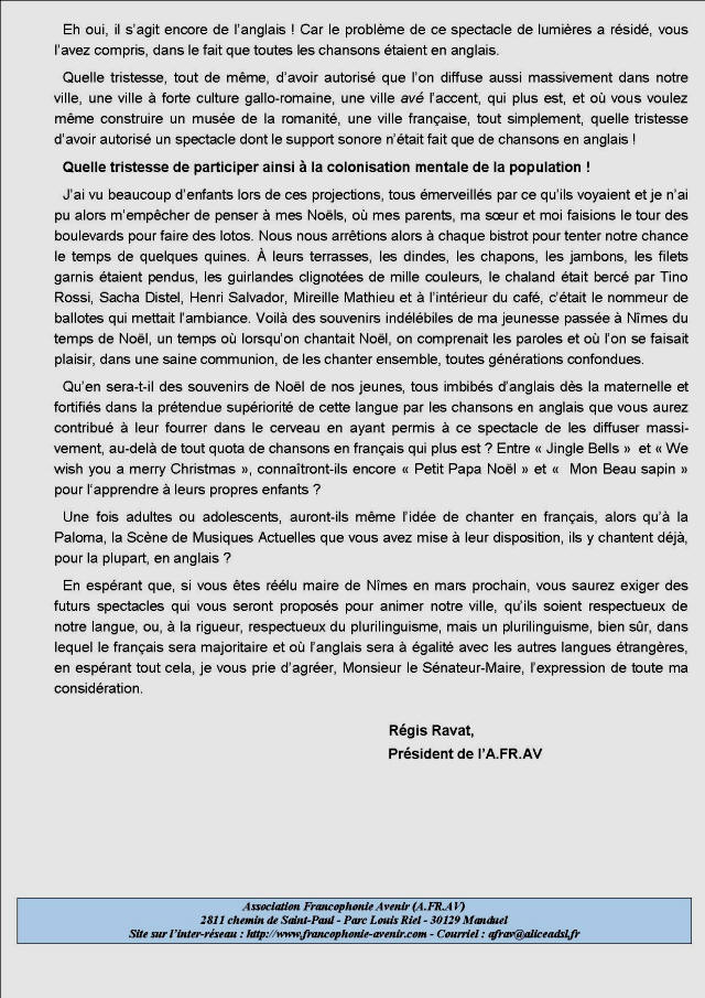 lettre au Maire de Nmes, M. Jean-Paul Fournier,  propos du Nol en anglais 2013