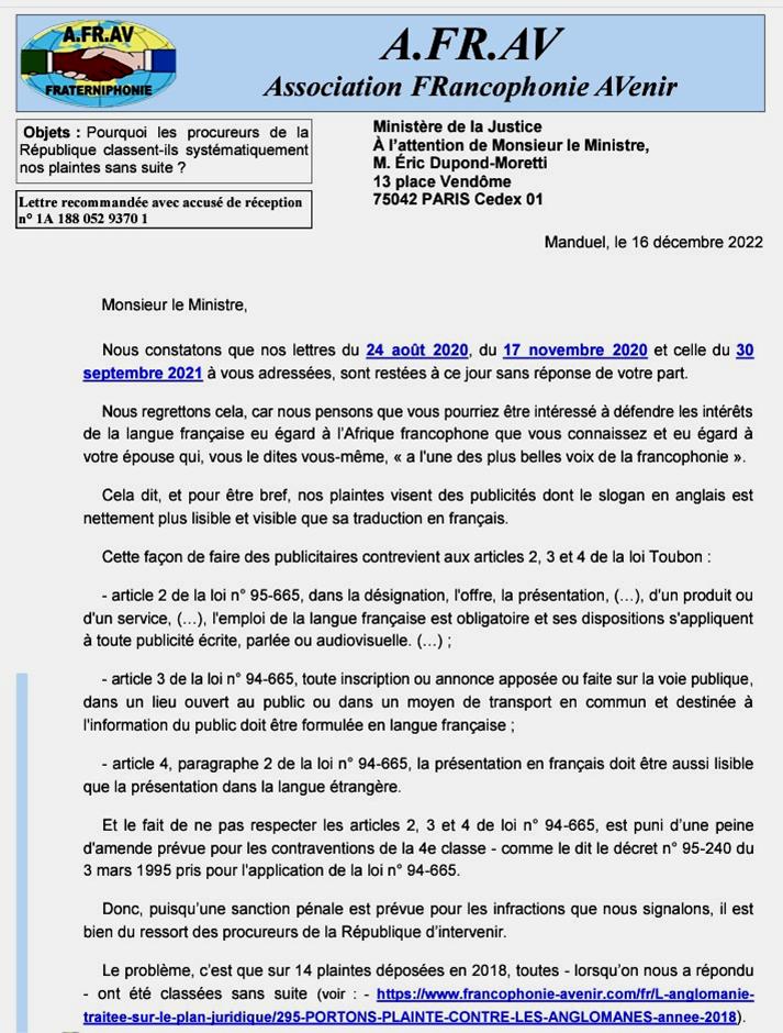 Au ministre Eric Dupond-Moretti pour savoir pourquoi les Parquets classent sans suite les plaintes contre les publicit�s qui ne respectent pas la loi Toubon 16 d�cembre 2022