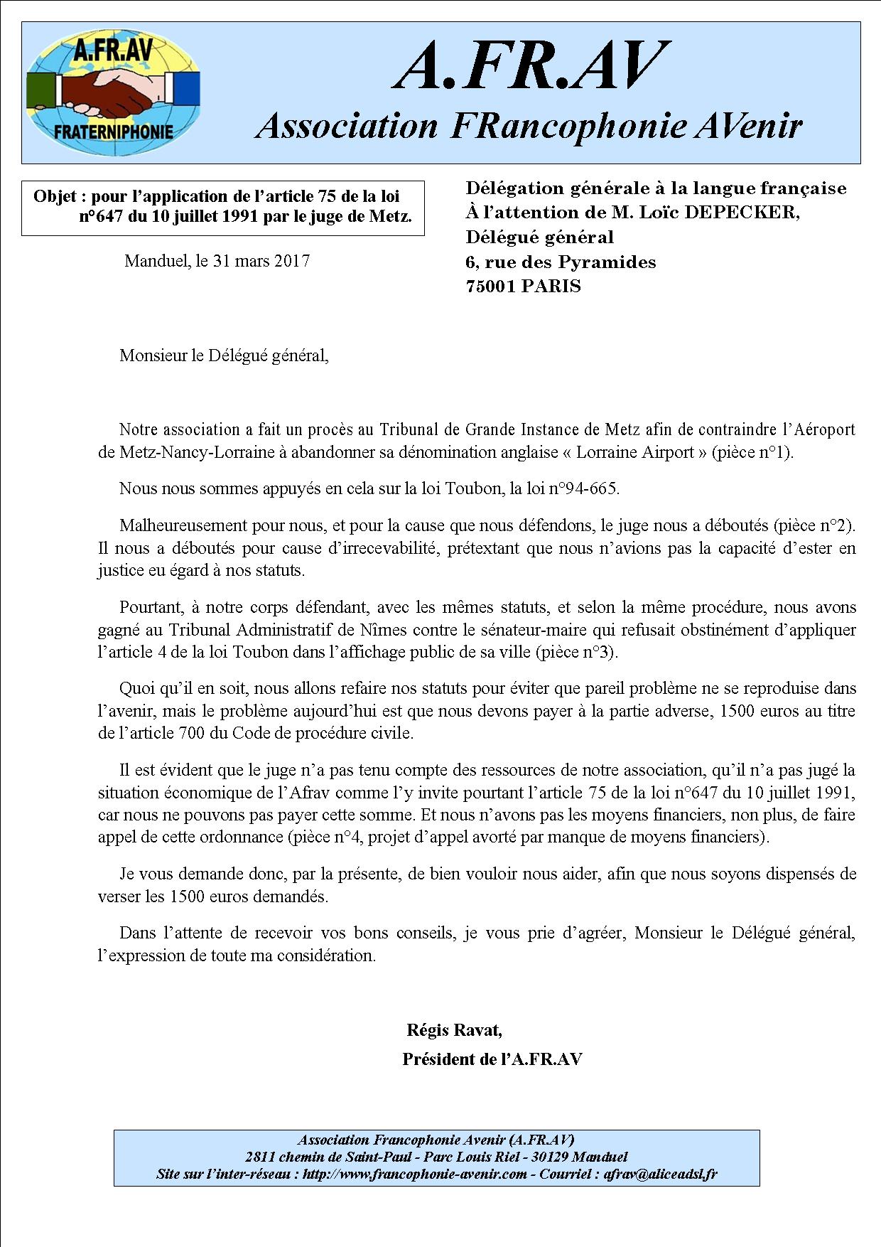 Lettre à Loïc Depecker de la DGLFLF