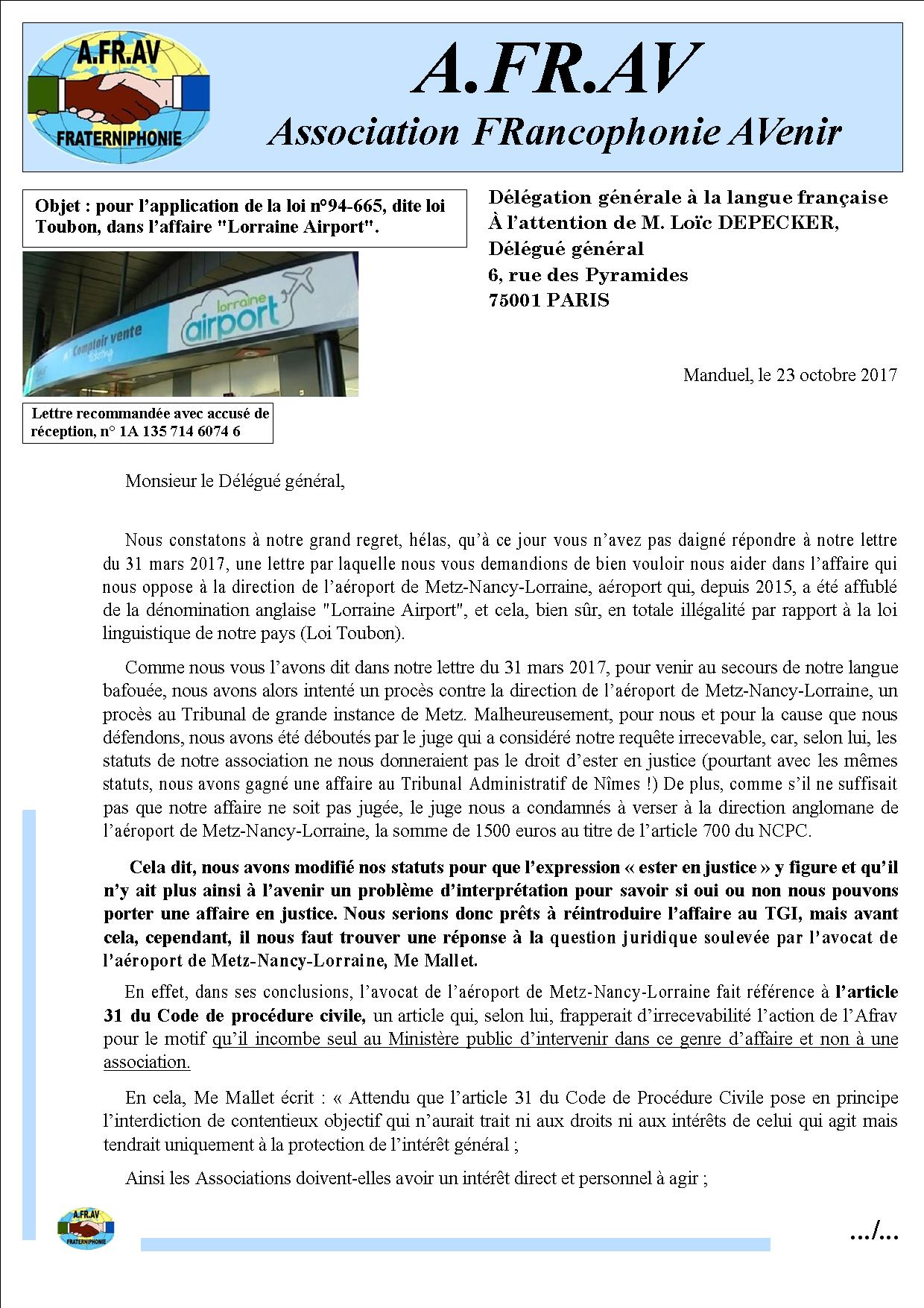 Lettre à Loïc Depecker de la Délégation générale à la langue française - DGLFLF