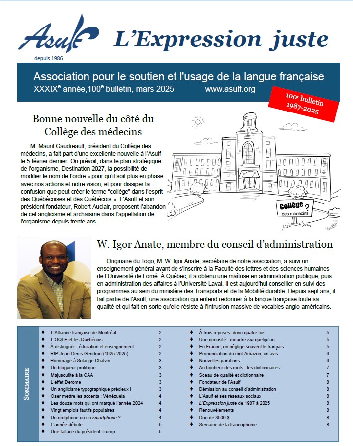 ASULF, Association pour le Soutien et l'Usage de la langue française, bulletin numéro 100, mars 2025
