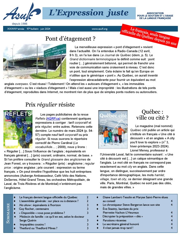ASULF, Association québécoise pour le soutien et l'usage de la langue française au Québec, bulletin de juin 2024