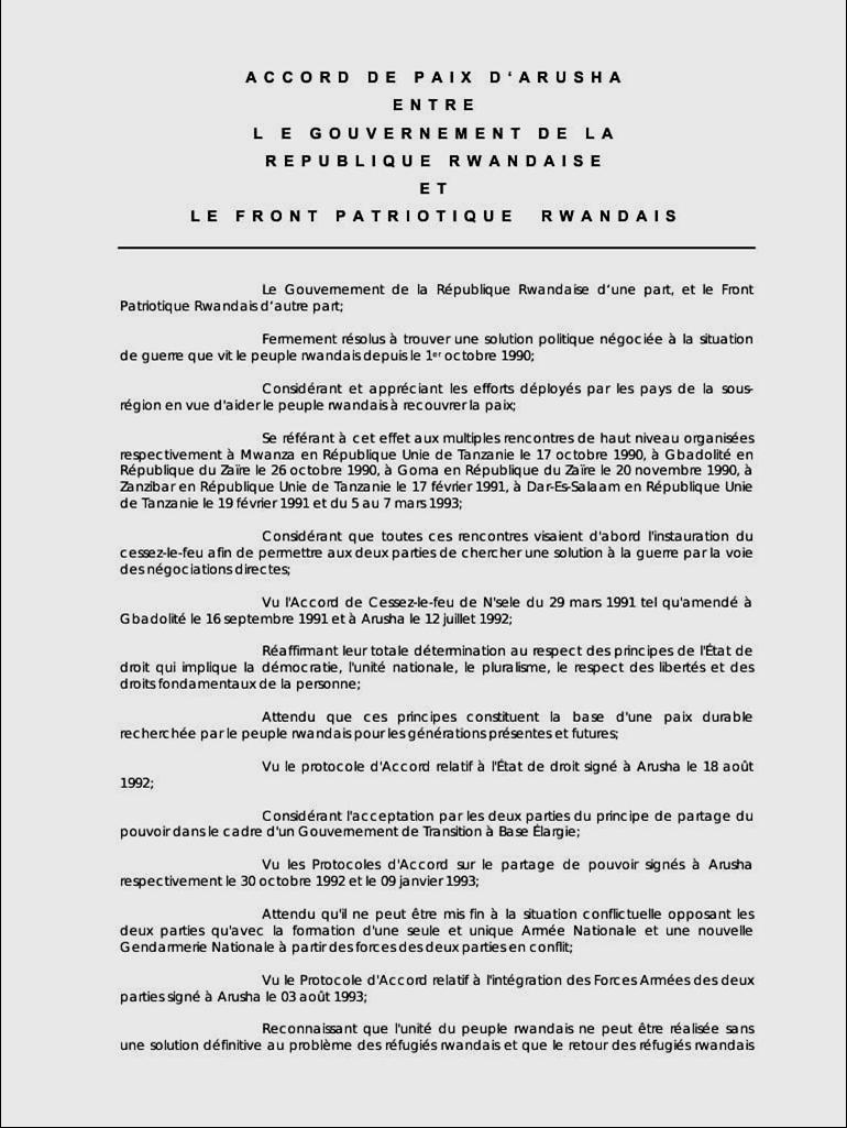 Accord de paix d'Arusha entre le gouvernement de la R�publique rwandaise et le Front patriotique rwandais