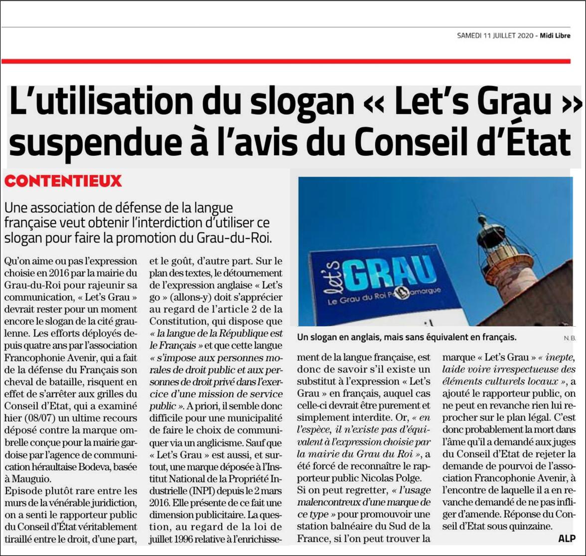 Affaire Let-s-Grau au Conseil d'État, article du journal Midi-Libre du-11 juillet 2020