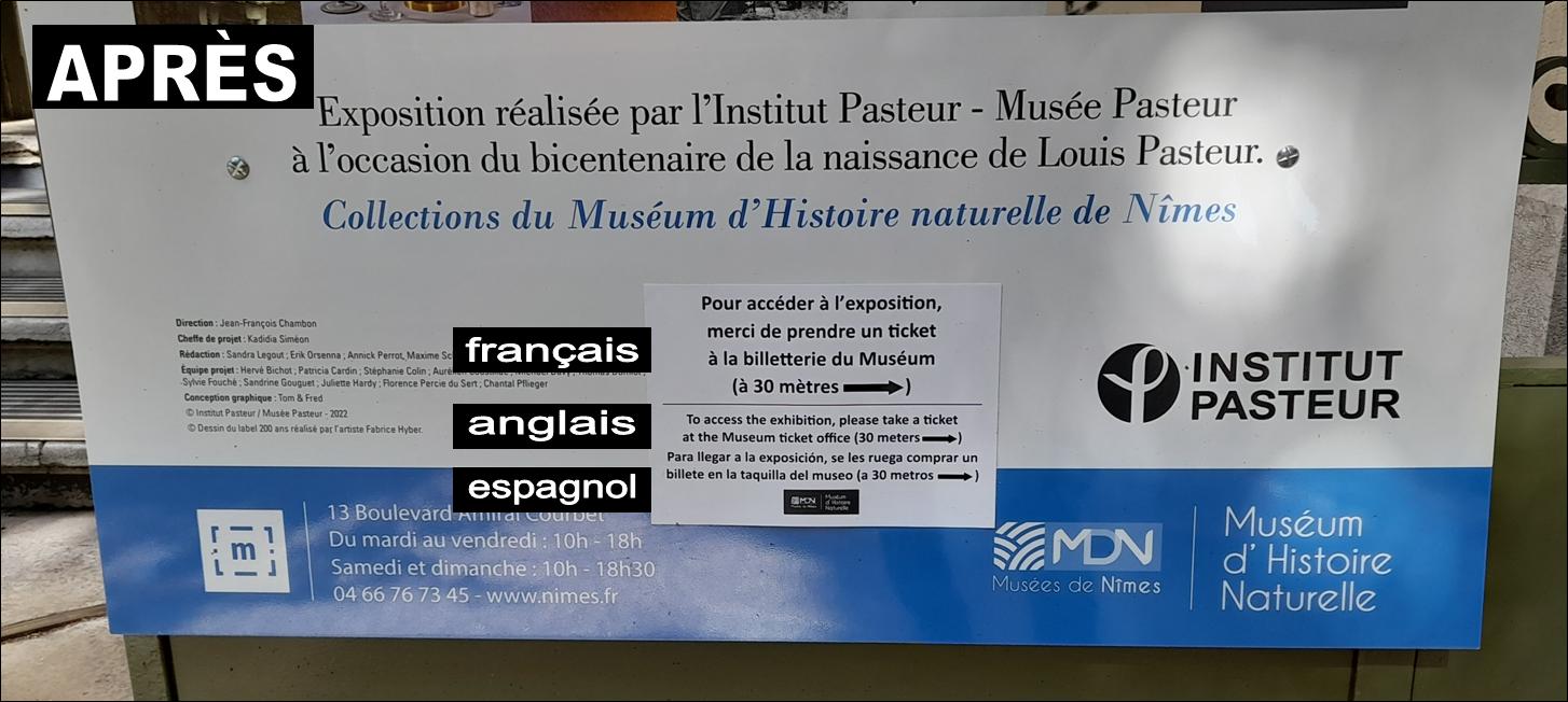 Affichage du Mus�e d'Histoire naturelle de N�mes conforme � la loi Toubon, ao�t 2023