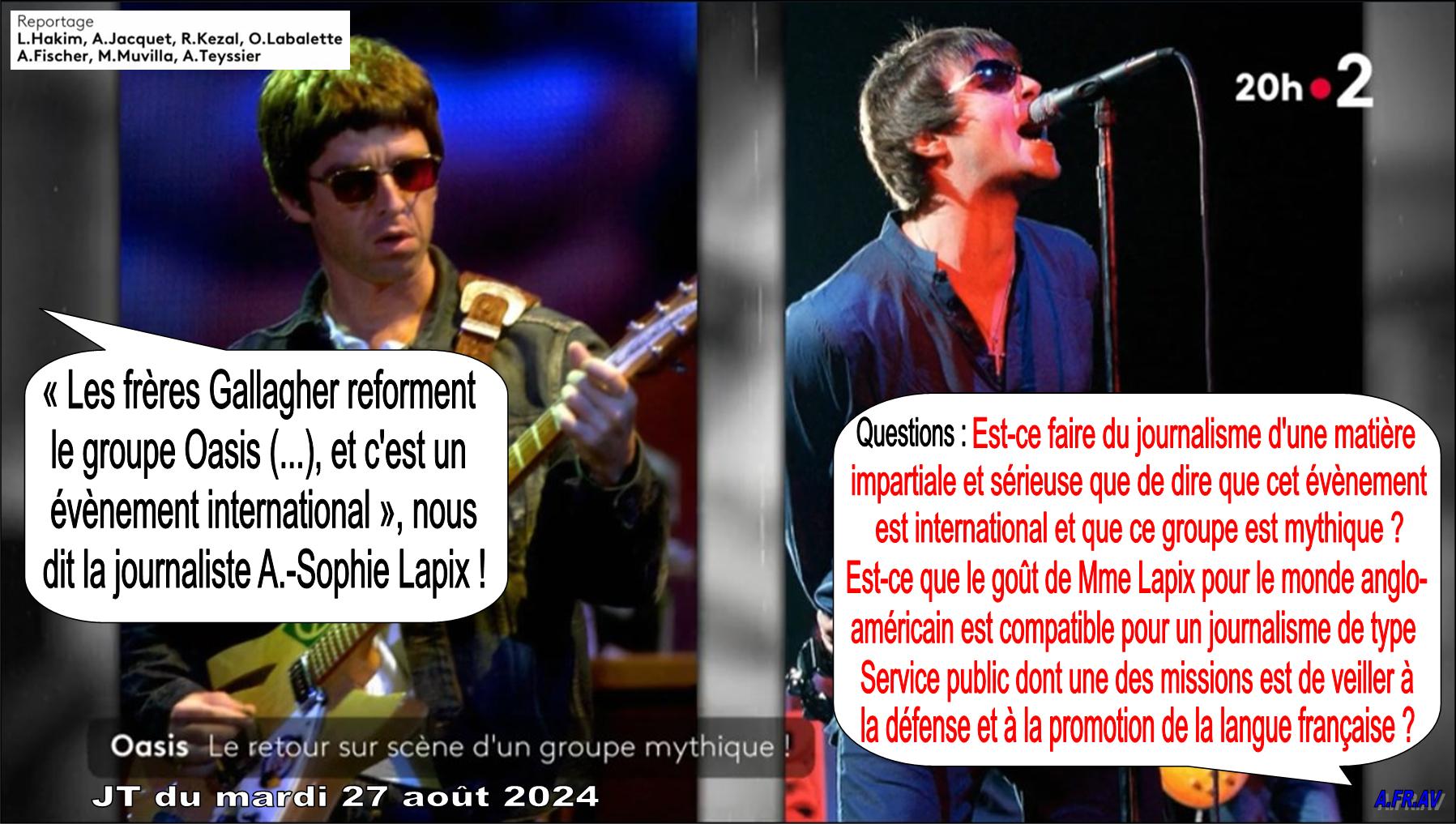 Anne-Sophie Lapix et les frères Gallagher du groupe Oasis