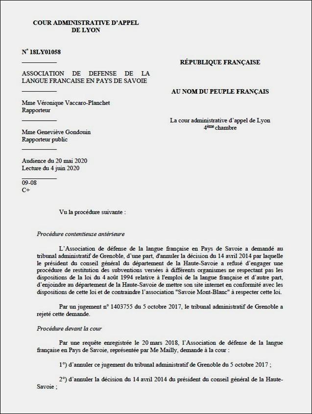 Loi Toubon, article 15, subventions publiques, CAA de Lyon, 18LY01058