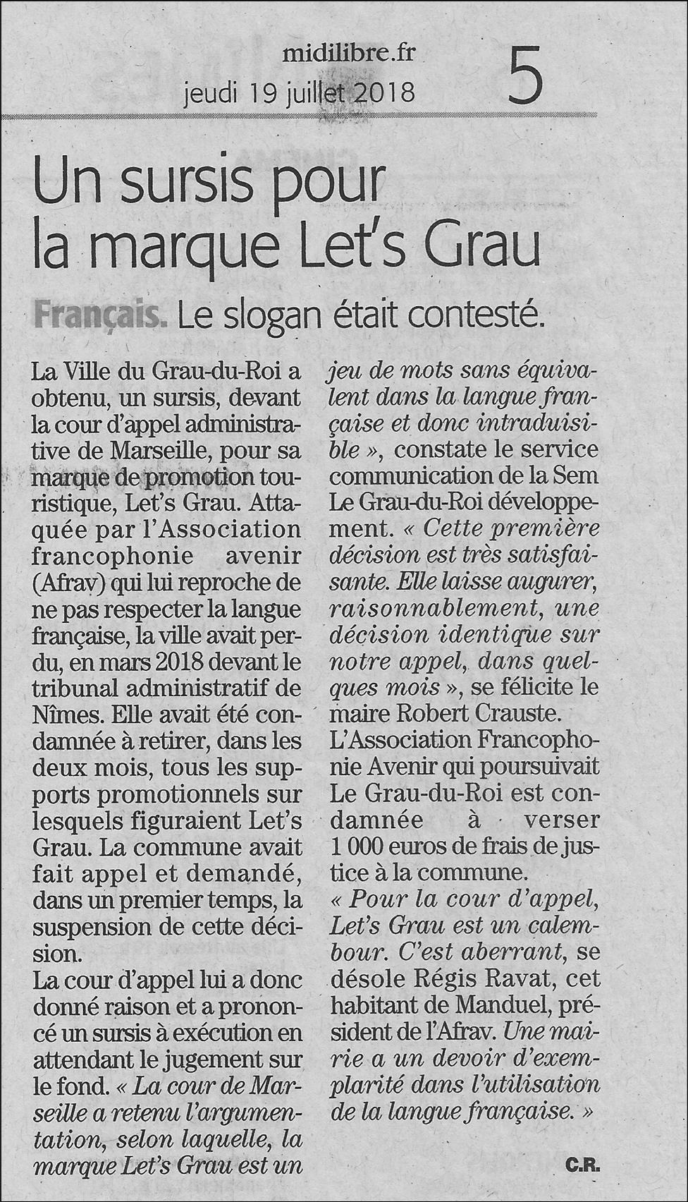 Midi Libre, affaire Let's Grau (Graullons-y), le 19 juillet 2018