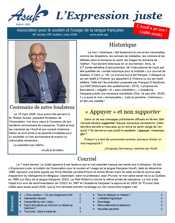 Asulf, Qu�bec, bulletin, num�ro 105, mars 2026�