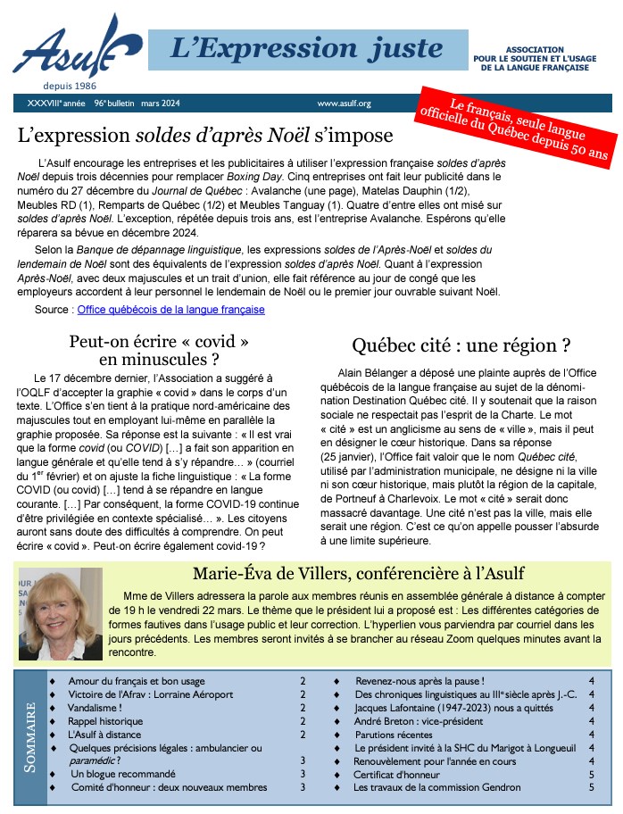 Asulf, Association pour le soutien et l'usage de la langue française bulletin n° 96 mars 2024