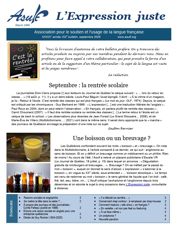 Asulf, Québec, langue française, bulletin numéro 102, septembre 2025