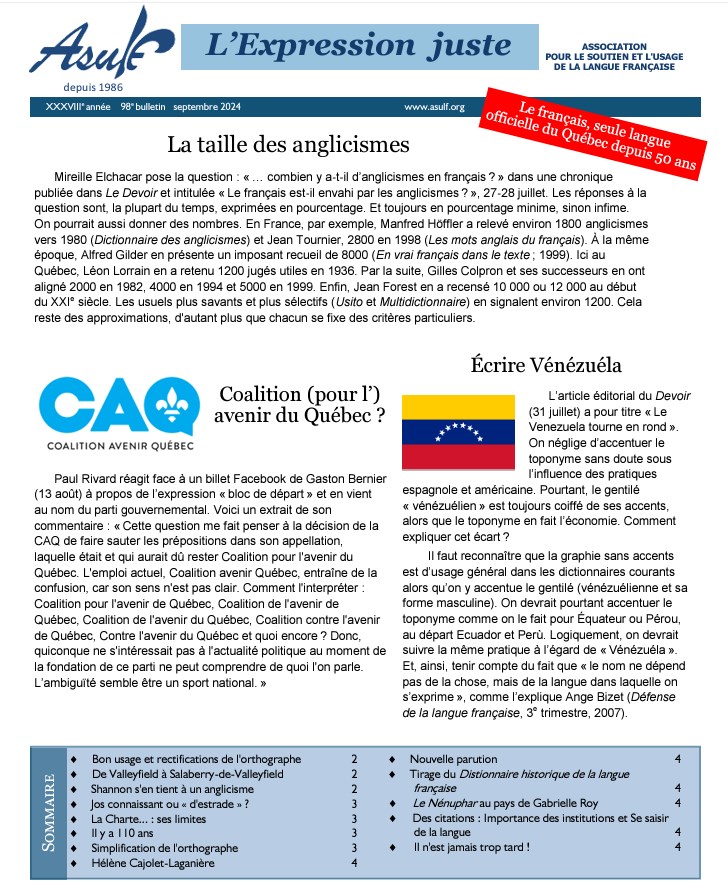 ASULF, Association qu�b�coise pour le Soutien et l'usage de la langue fran�aise, bulletin de septembre 2024