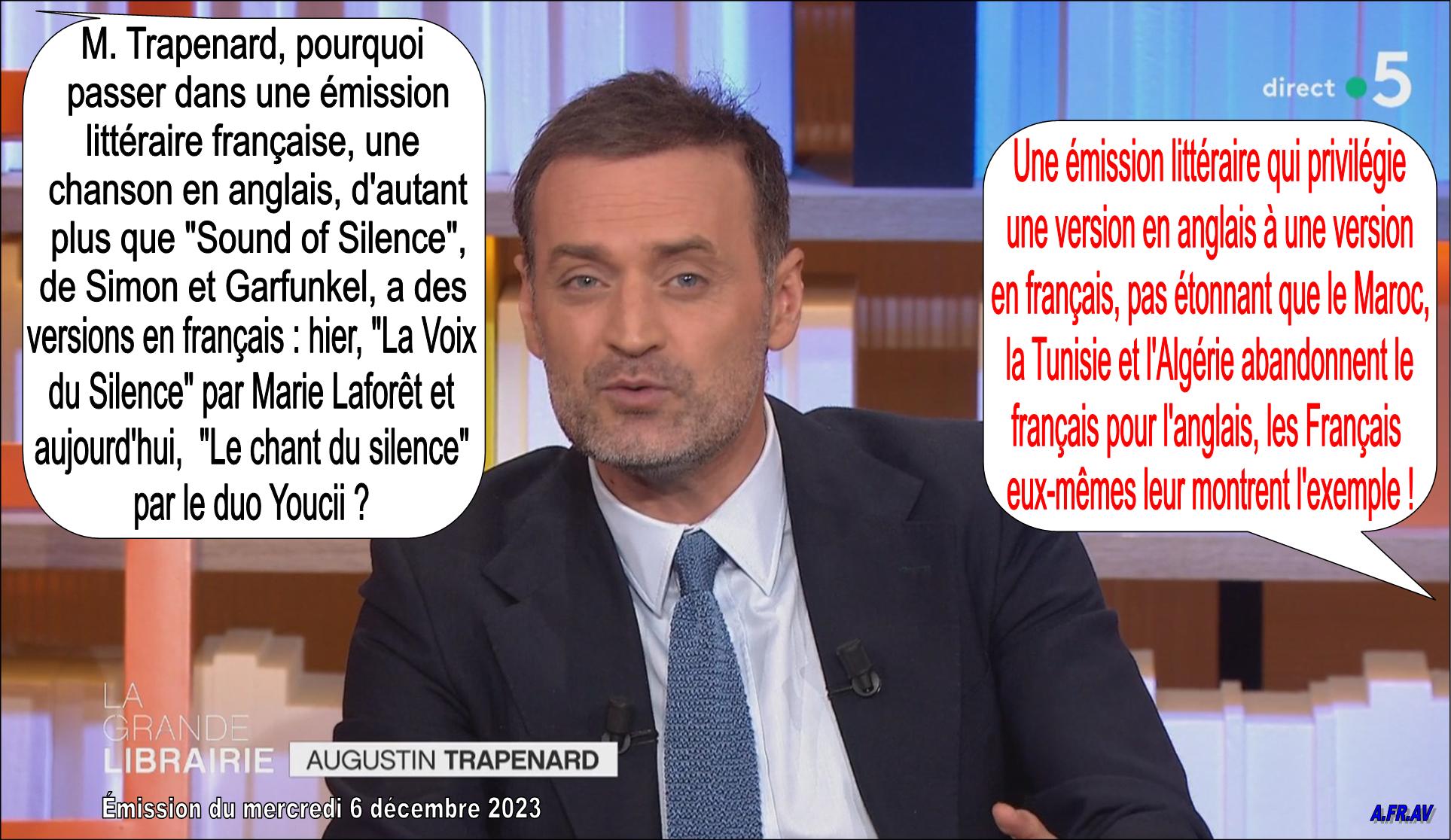 Augustin Trapenard, la Grande Librairie, le Silence sur la chanson en français, France 5
