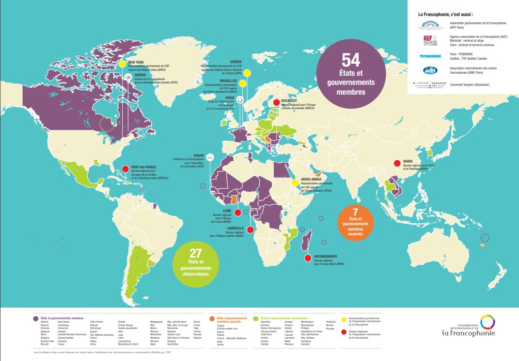 Carte de la Francophonie selon l'Organisation Internationale de la Francophonie (OIF)