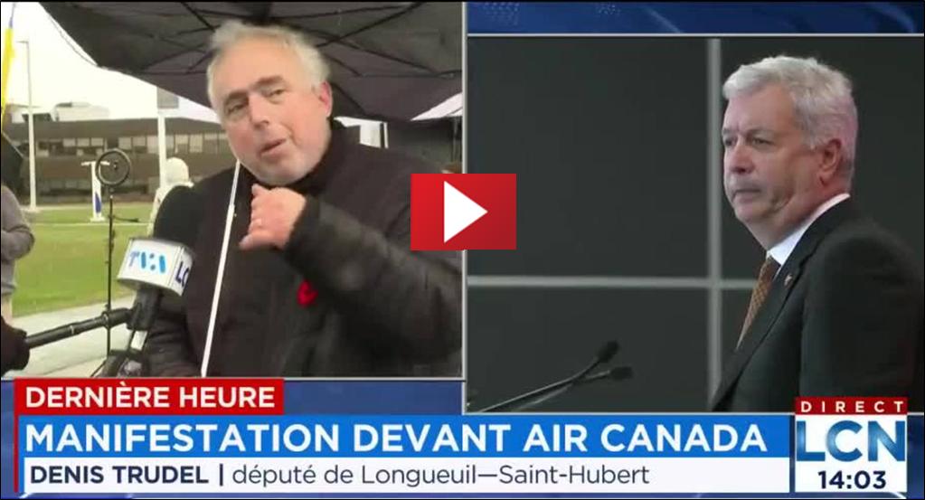 Denis Trudel, d�put�, manifestation devant Air Canada contre l'unilinguisme-anglais du PDG Rousseau