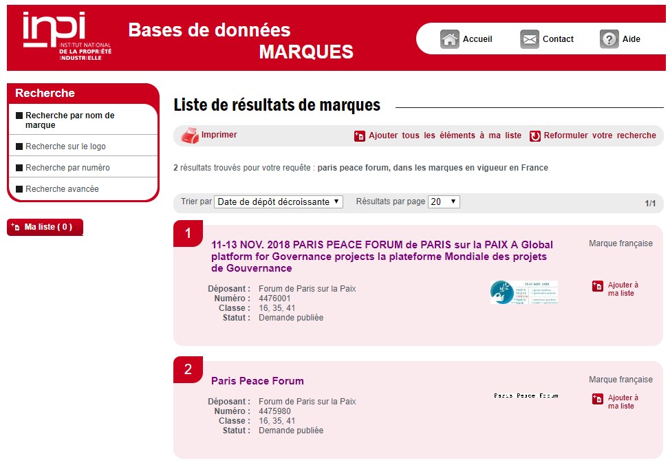 Depot de la marque Paris-Peace-Forum, par une autorité publique