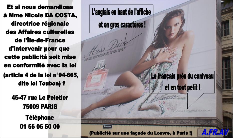 Louvre, Nicole Da Costa, Loi Toubon, DRAC, publicité