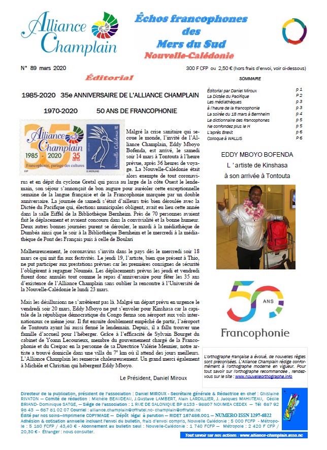 Échos francophones des Mers du Sud, Nouvelle-Calédonie, Alliance-Champlain, journal n°89-mars 2020