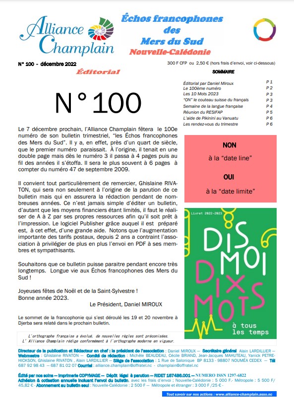 Echos francophones des Mers du Sud, numéro 100, Alliance Champlain, Nouvelle-Calédonie, décembre 2022.