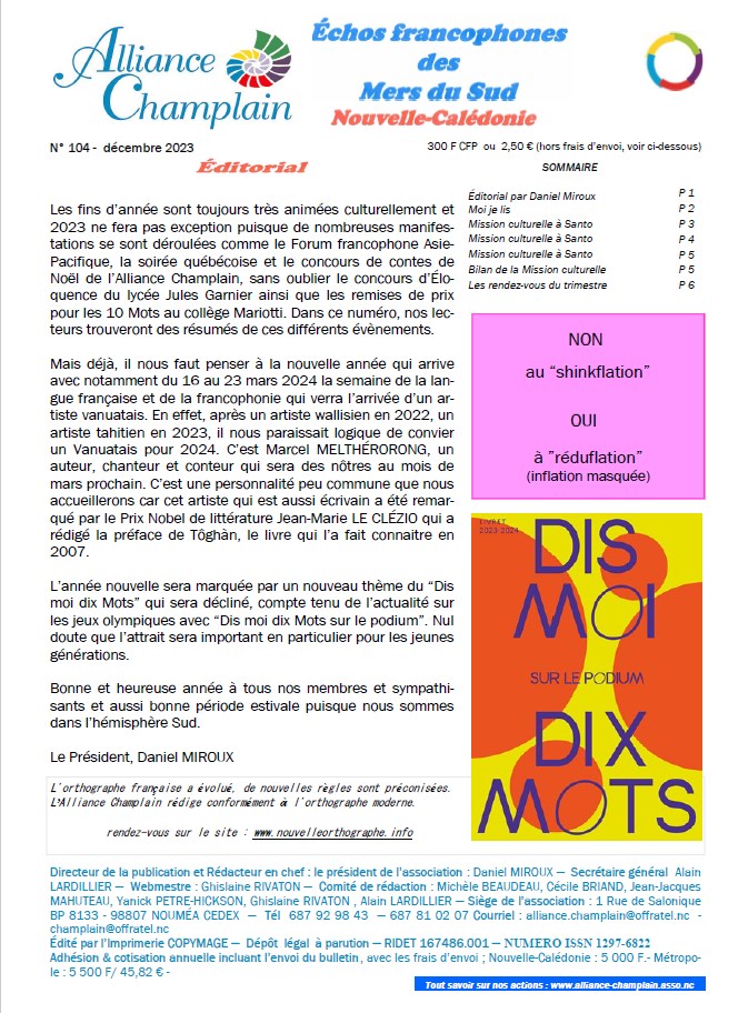 Echos francophones des Mers du Sud num�ro 104, Alliance Champlain, Nouvelle-Cal�donie, d�cembre 2023