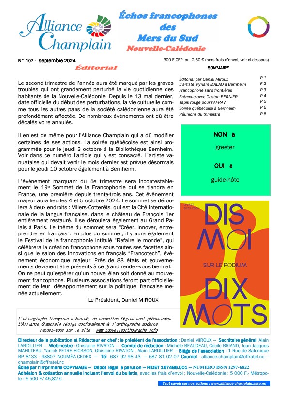 Echos francophones des Mers du Sud n�107, Alliance Champlain, Nouvelle-Cal�donie, septembre 2024