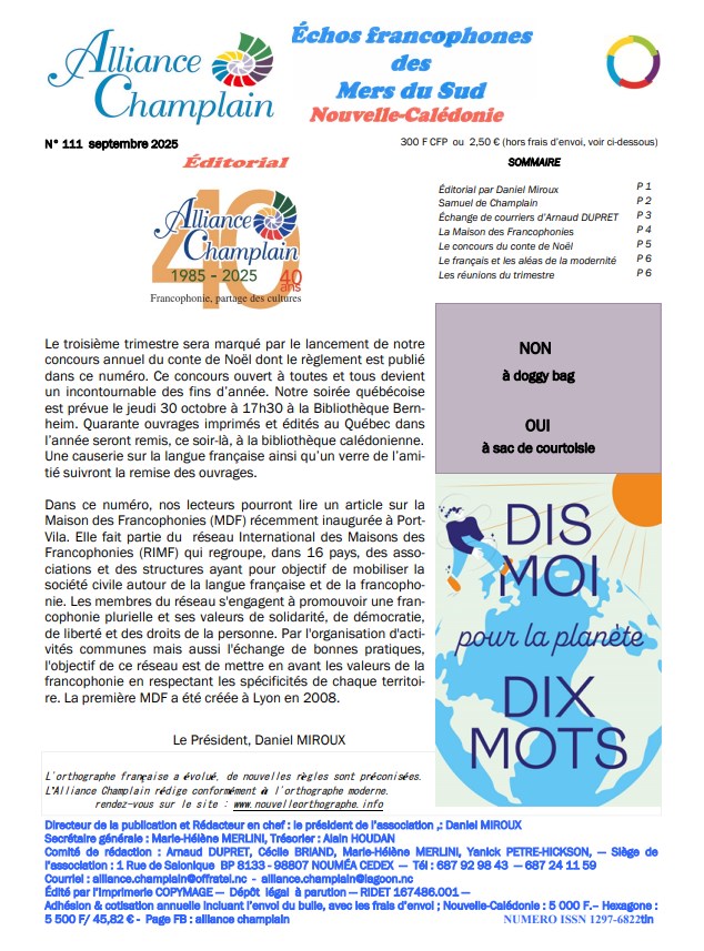 Echos francophones des Mers du Sud, numéro 111, Alliance Champlain, Nouvelle-Calédonie, septembre, 2025