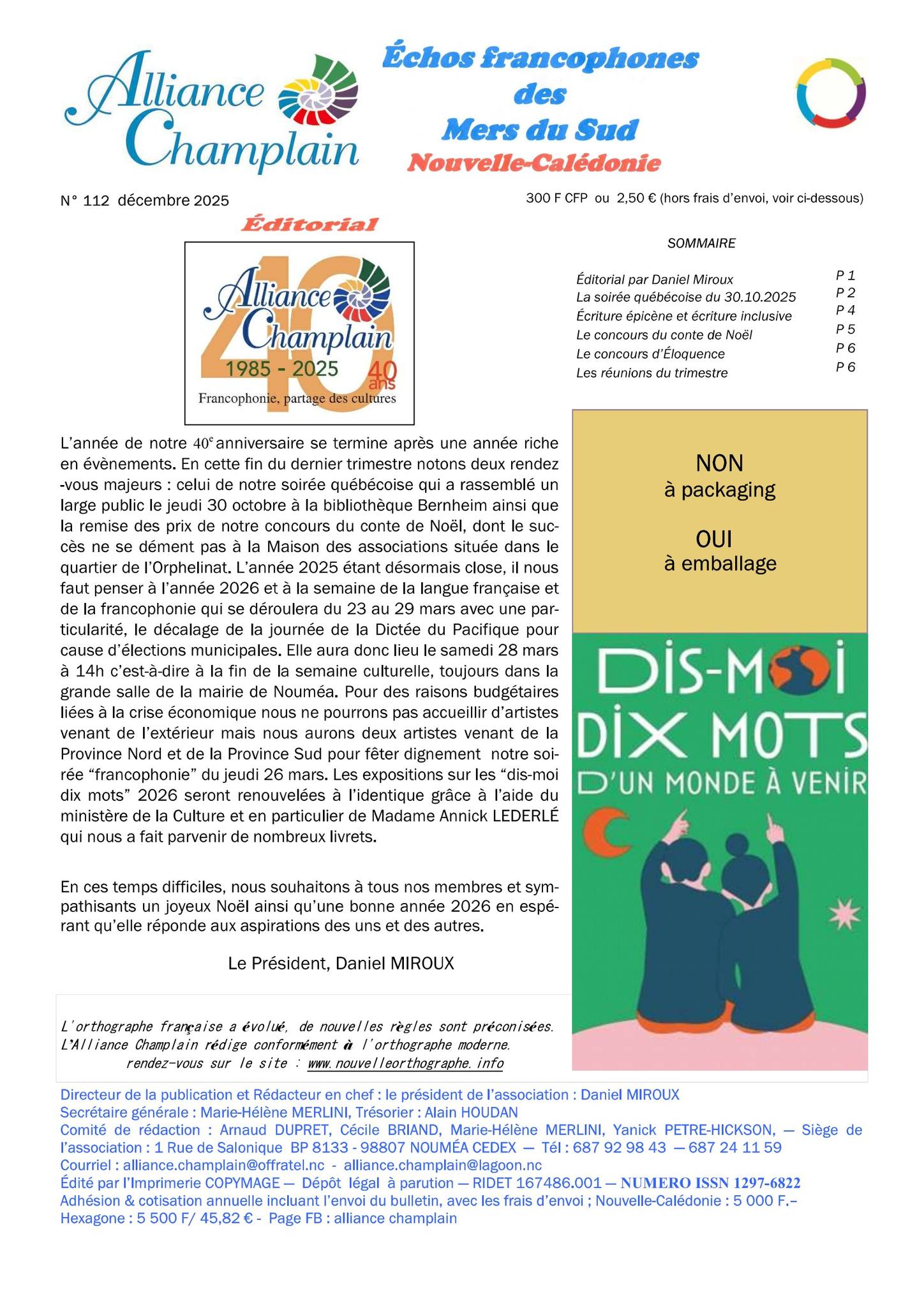 Echos francophones des Mers du Sud, numéro 112, Alliance Champlain, Nouvelle-Calédonie