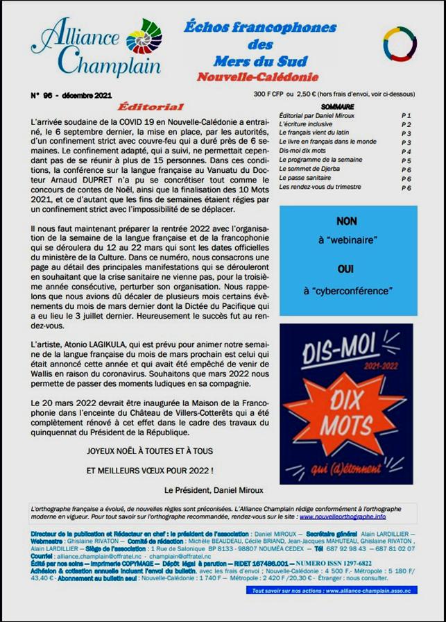 Echos francophones des Mers du Sud n°96, Alliance Champlain, Nouvelle-Calédonie