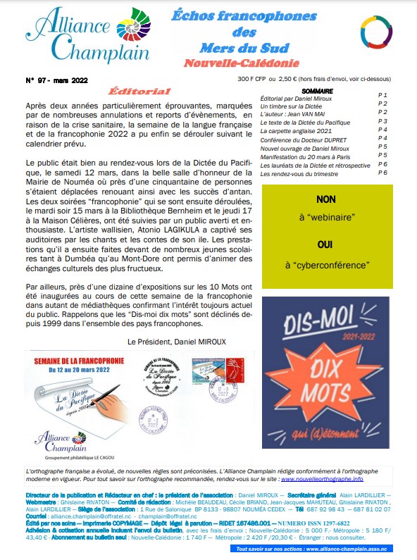 Echos francophones des Mers du Sud n� 97, Alliance Champlain, Nouvelle-Cal�donie, mars 2022