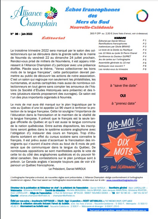 Echos francophones des Mers du Sud n°98, Alliance Champlain, Nouvelle-Calédonie, juin 2022