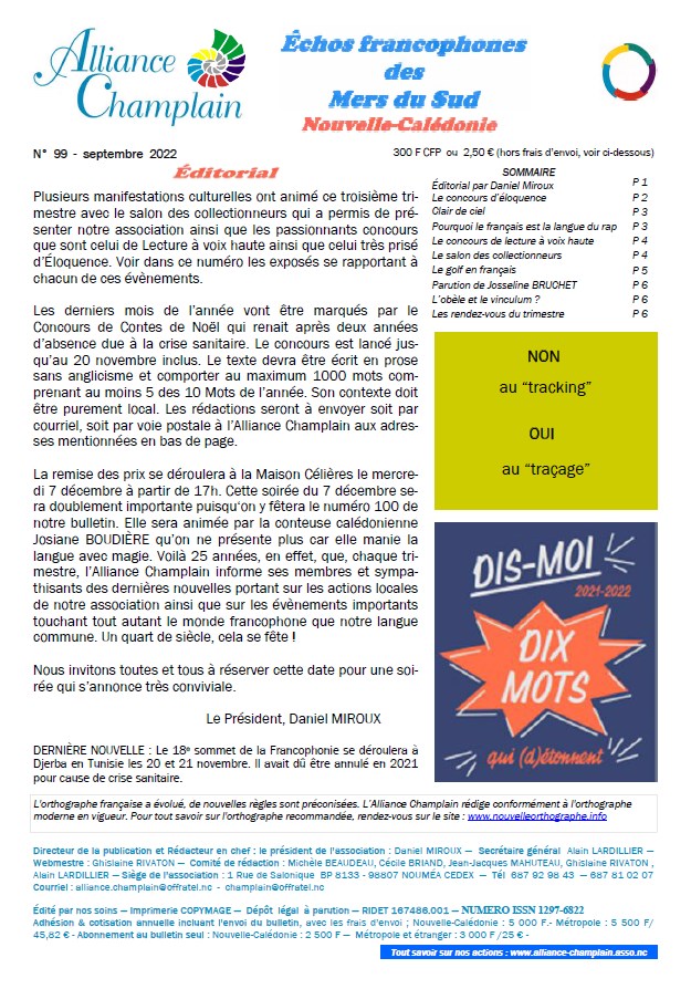 Echos francophones des Mers du Sud n 99, par l'Alliance Champlain, Nouvelle-Calédonie, Daniel Miroux, president