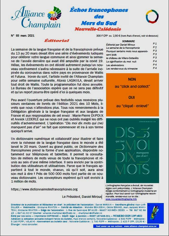 Echos des Mers du Sud n°93 de l'Alliance Champlain en Nouvelle-Calédonie.