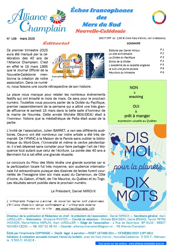 Echos francophones des Mers du Sud, Nouvelle-Calédonie, mars 2025, numéro 109