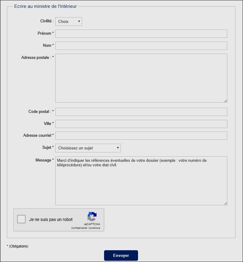 Formulaire de contact du Ministère de l'Intérieur
