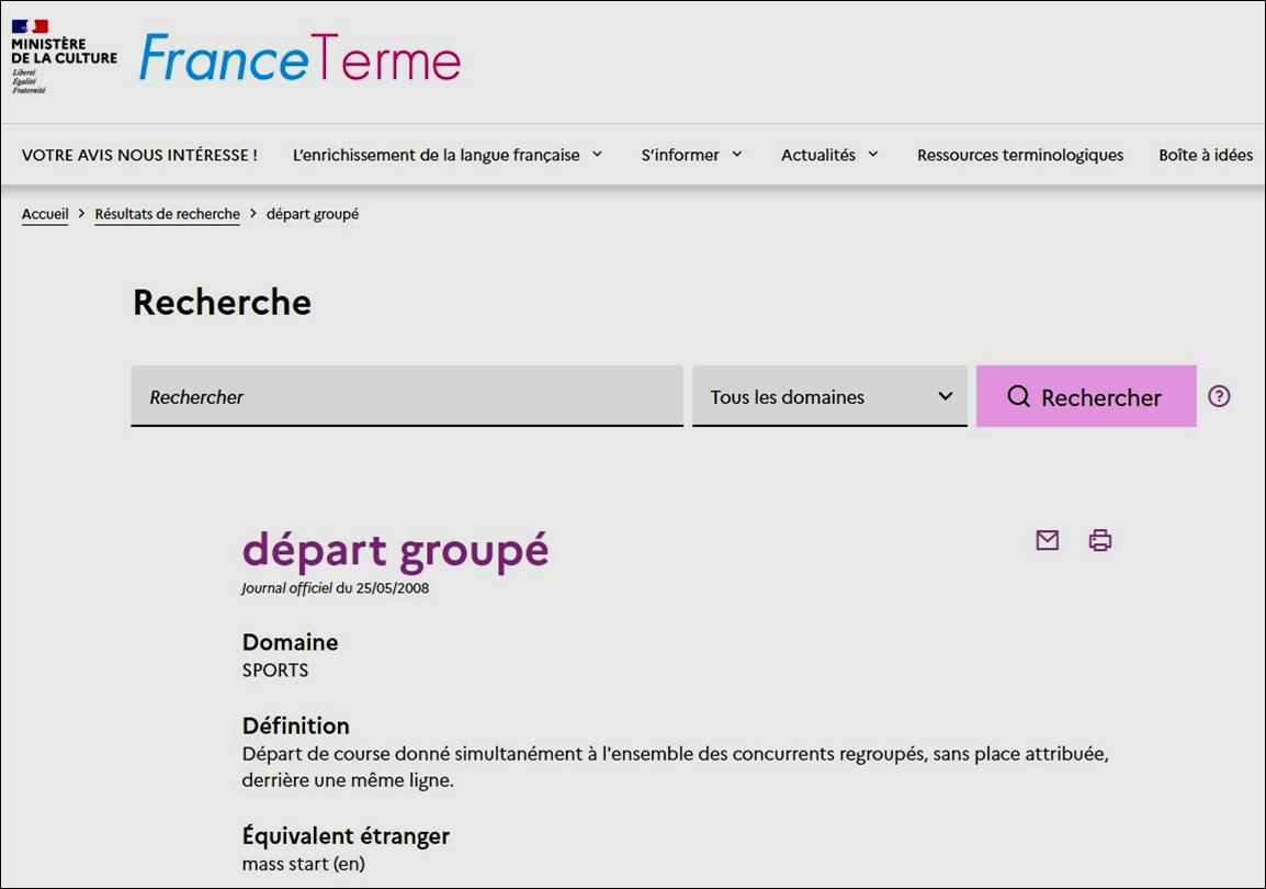 France terme, départ groupe, équivalent officiel français pour le mass-start anglais