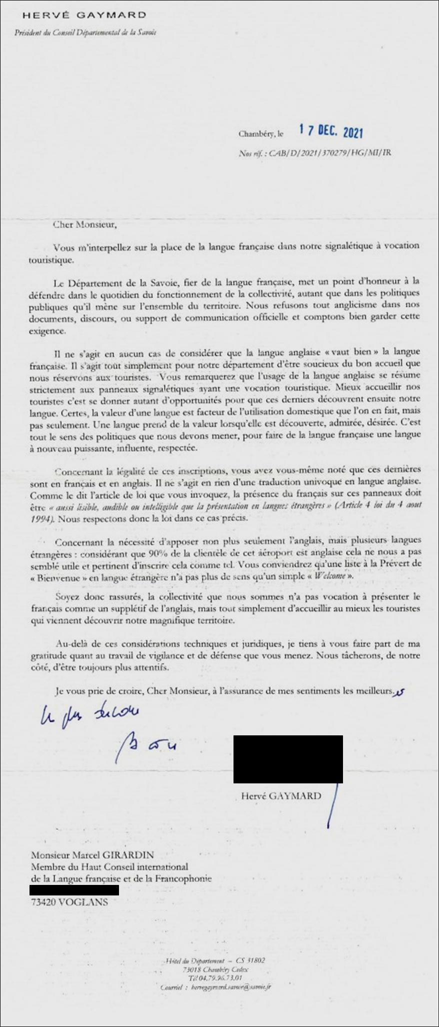 Herve Gaymard président du département de Savoie et la langue française dans les panneaux signalétiques