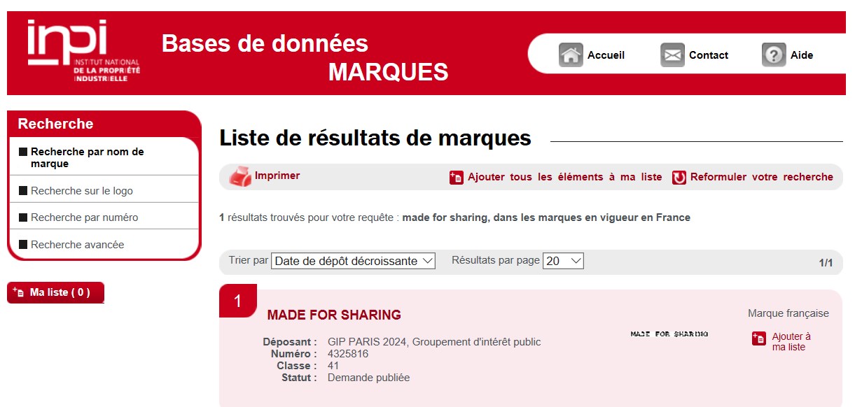 Depot illegal INPI Made For Sharing Paris 2024
