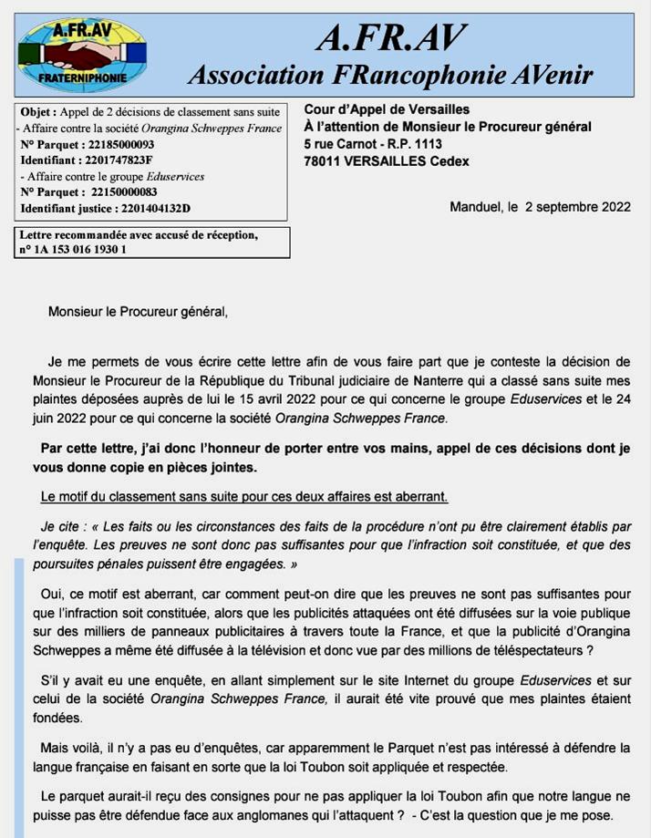 L'Afrav fait appel aupr�s du procureur g�n�ral de la cour d'appel de Versailles dans l'affaire Eduservices, le 2 septembre 2022