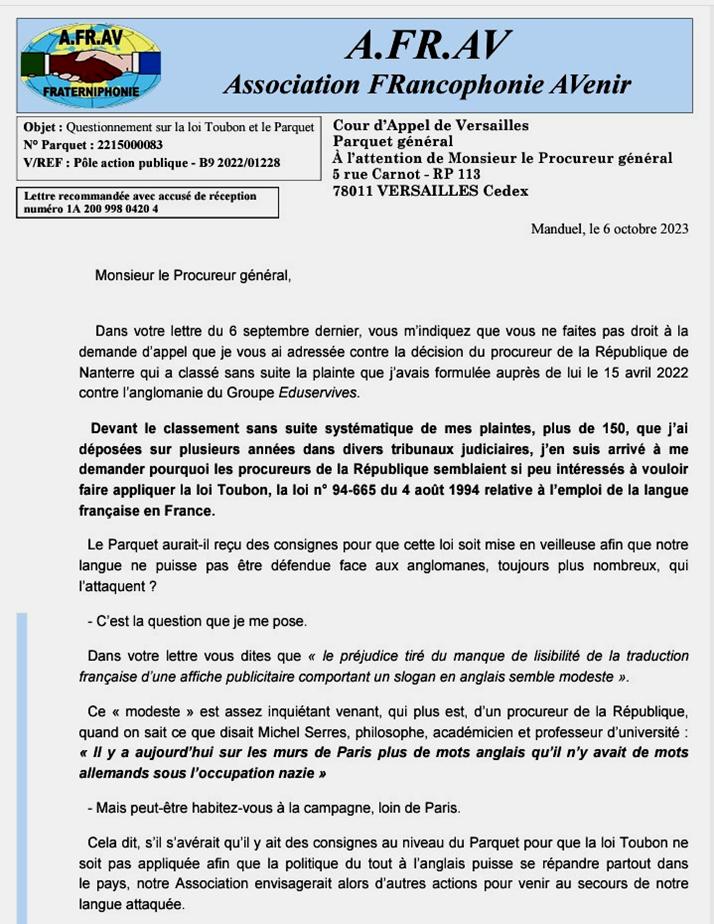 L'Afrav pose une question au procureur g�n�ral de la cour d'appel de Versailles-au sujet du classement sans suite de l'affaire Eduservices, le 6 octobre 2023