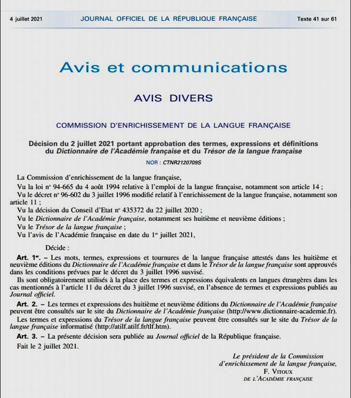LA COMMISSION D'ENRICHISSEMENT DE LA LANGUE FRANAISE sa Dcision du 2 juillet 2021