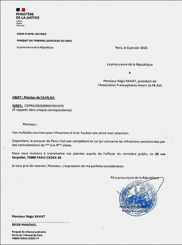Plaintes, loi Toubon, officier du minist�re public