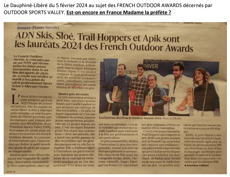 Le Dauphiné-Libéré et la langue française au sujet des French Outdoor Awards décernés par Outdoor Sport Valley.