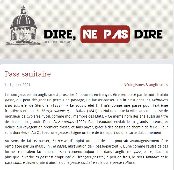 Écrire correctement l'expression - passe sanitaire - selon l'avis de l'Académie française