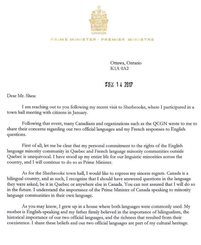 Lettre de Justin Trudeau Québec février 2017