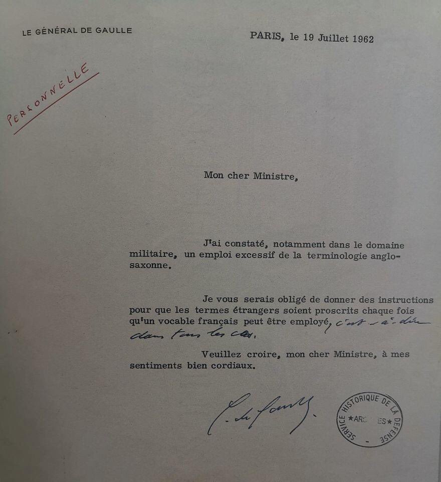 Lettre du Général De Gaulle contre les anglicismes