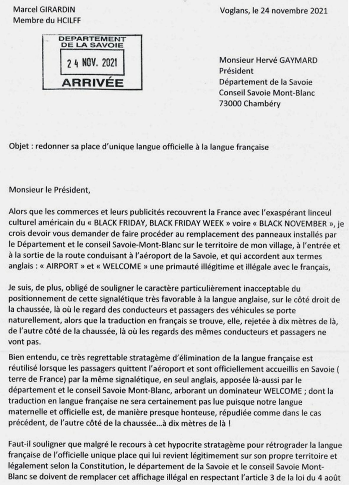 Lettre au sujet de la langue française et de l'anglais, lettre de Marcel Girardin à Hervé Gaymard, président du département de la Savoie